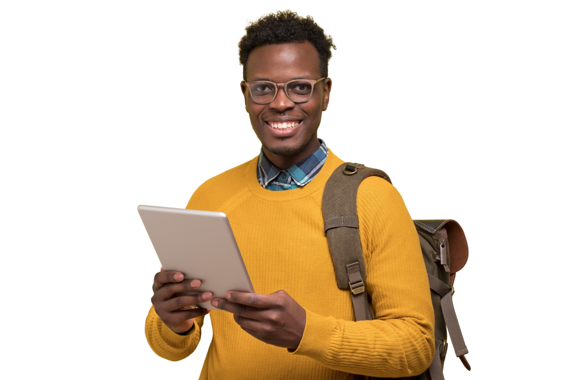 MySchoolExam student holding a tablet